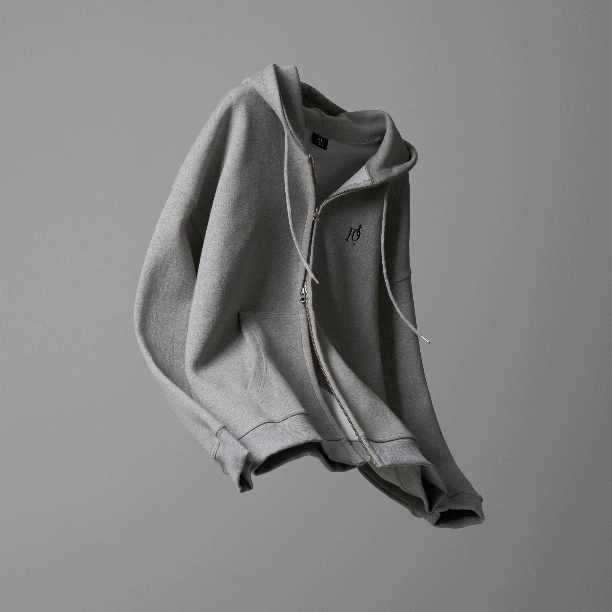 토프 좌우반전 로고 자수 코튼이중지 후드집업 [GRAY]