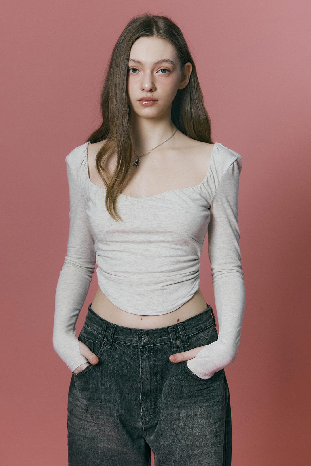 Misty Shirring Long Sleeve Top (Oatmeal)