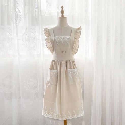 블레오 예쁜 꽃무늬 네일샵 어린이집 프릴 자수 앞치마 레이스 원피스, 아이보리, 1개 - 앞치마 | 쿠팡