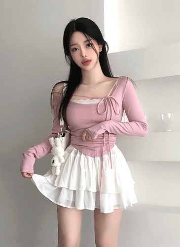멜팅블루 [발레코어룩/여리여리ෆ]나빌레라 리본끈 셔링 밑단 라운드 굴림 발레리나 티셔츠(아이/핑크/소라/블랙)