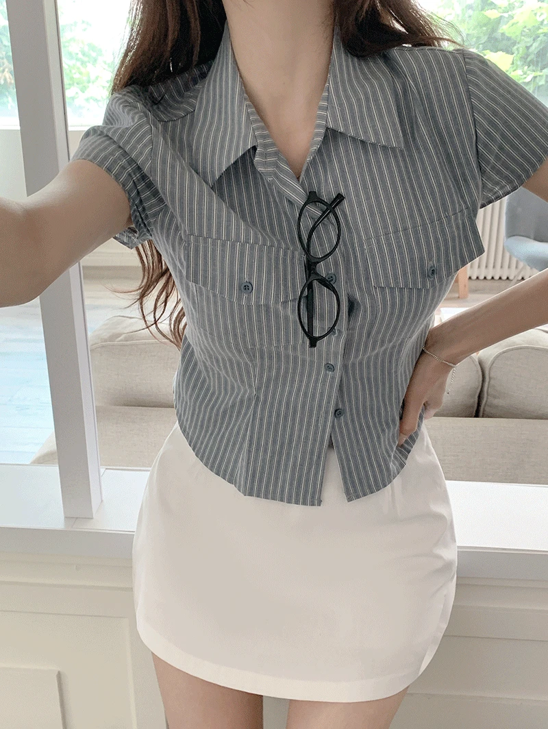 [여름신상🌴/하객룩/허리잘록핏] 카일리 포켓 스트라이프 반팔 셔츠