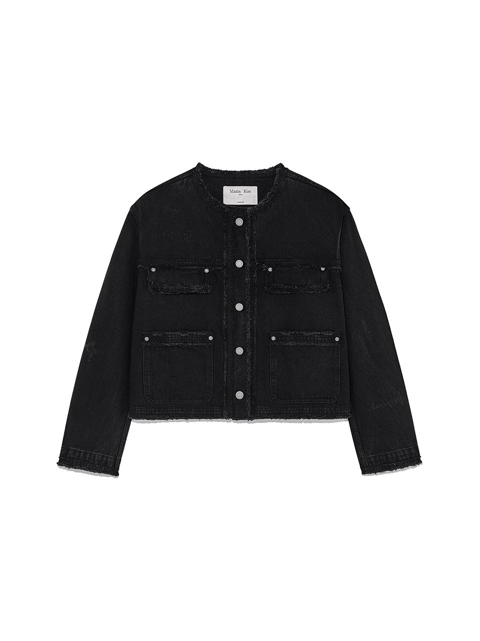 COLLARLESS DAMAGE DENIM JACKET IN BLACK