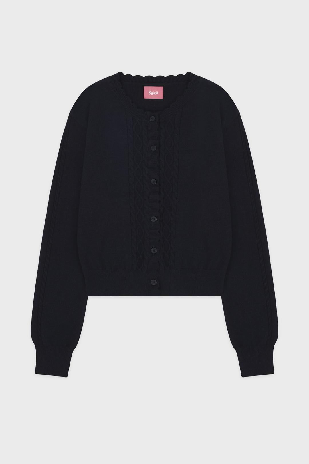 Mixed Cable Scallop Knit Cardigan (Navy)