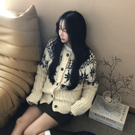[당일출고!눈꽃❄]스노우 노르딕 도톰 라운드 니트 긴팔 가디건 2color
