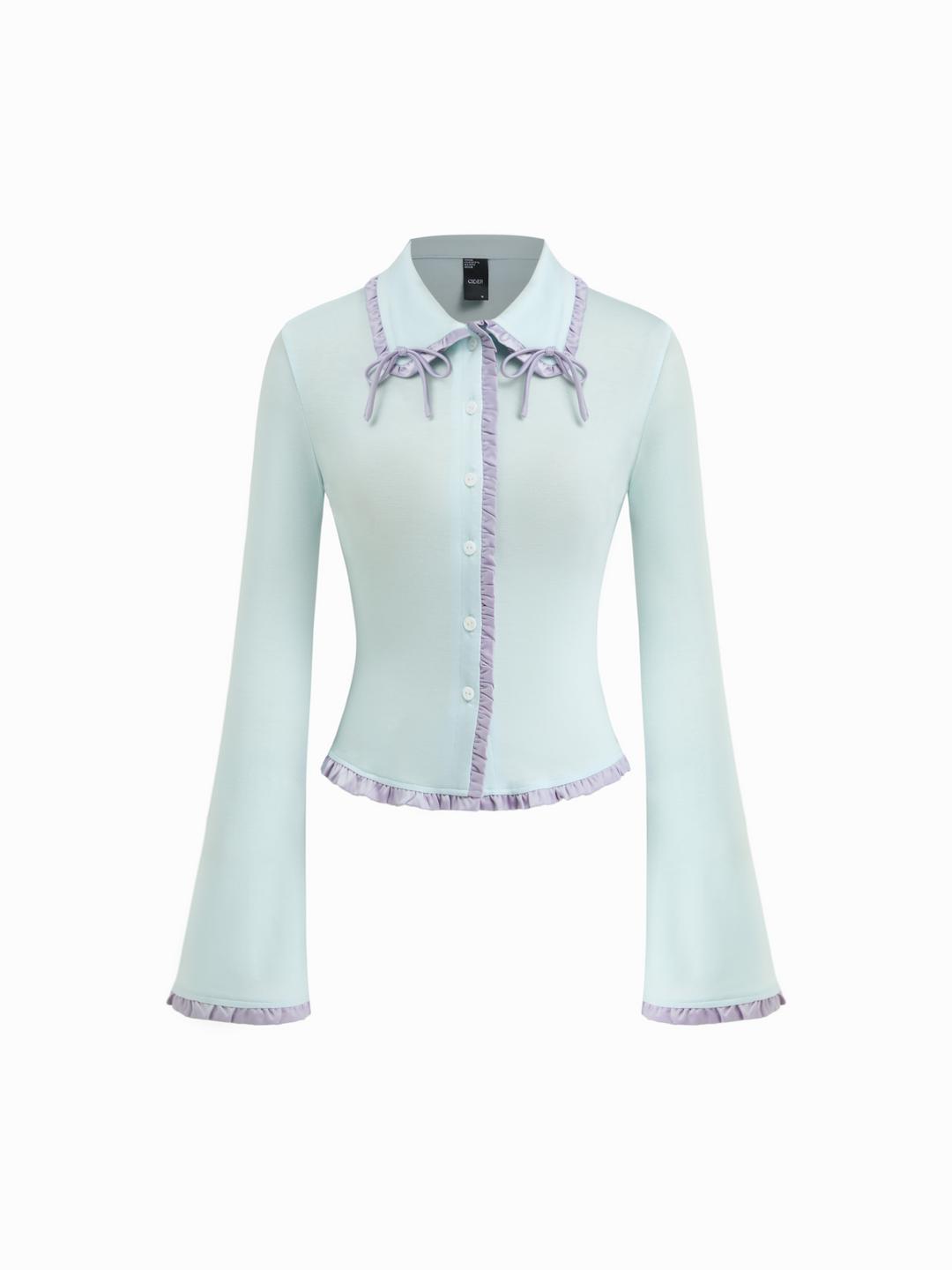 Mesh Lettuce Trim Contrasting Binding Bowknot Long Sleeve Top