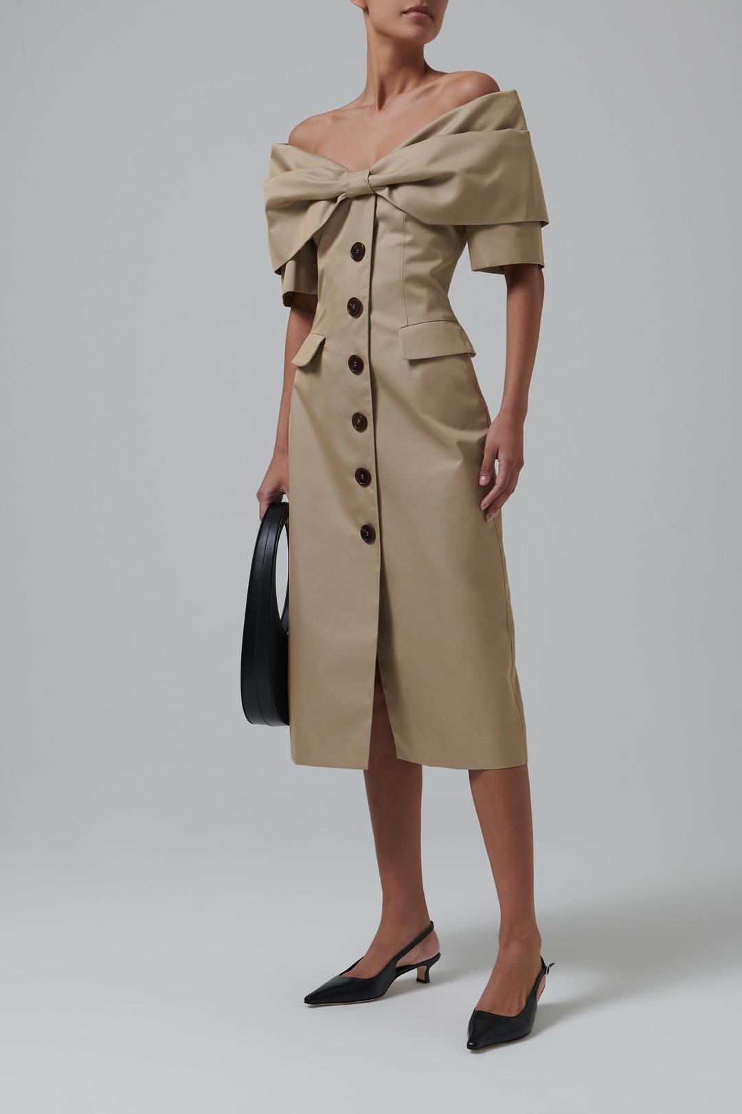 Khaki Bow Off-Shoulder Midi Dress - Khaki / UK6