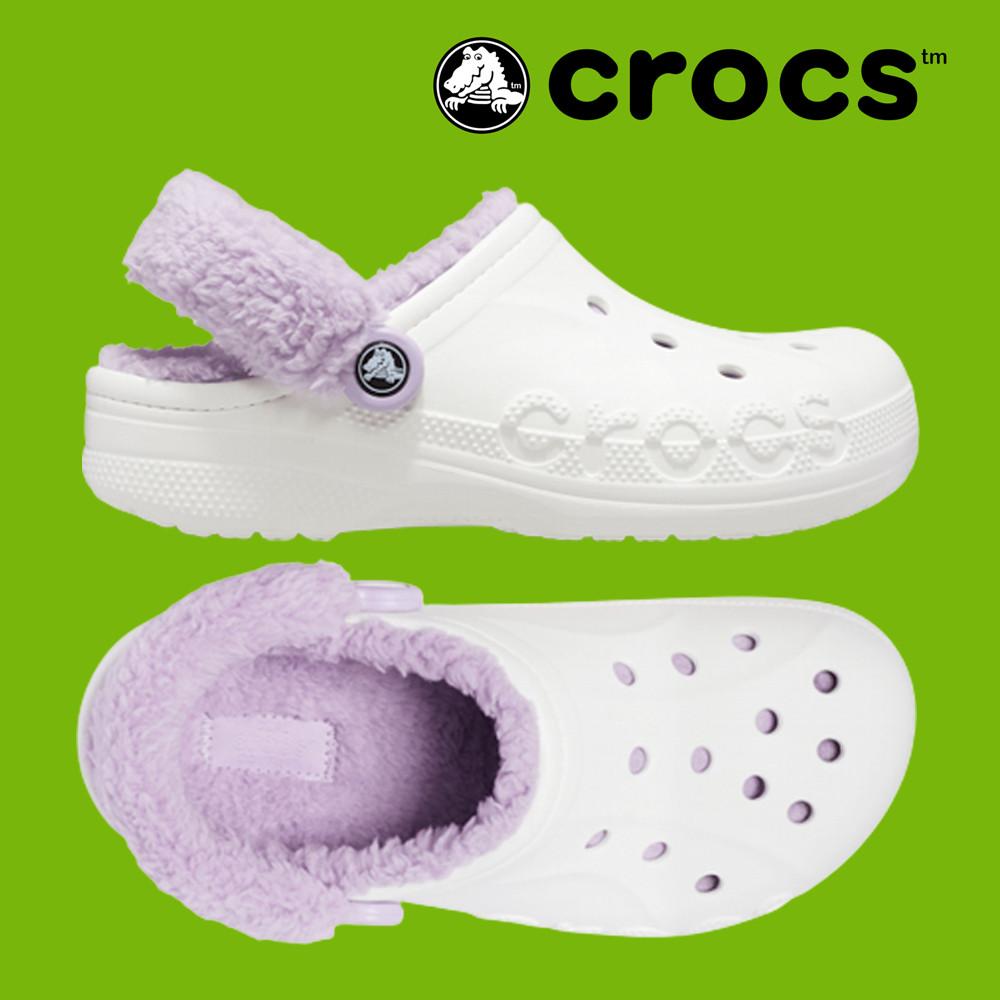 크록스 바야 라인드 클로그 퍼즈 스트랩 겨울용 털 슬리퍼 BAYA LINED FUZZ-STRAP CLOG 화이트 라벤더