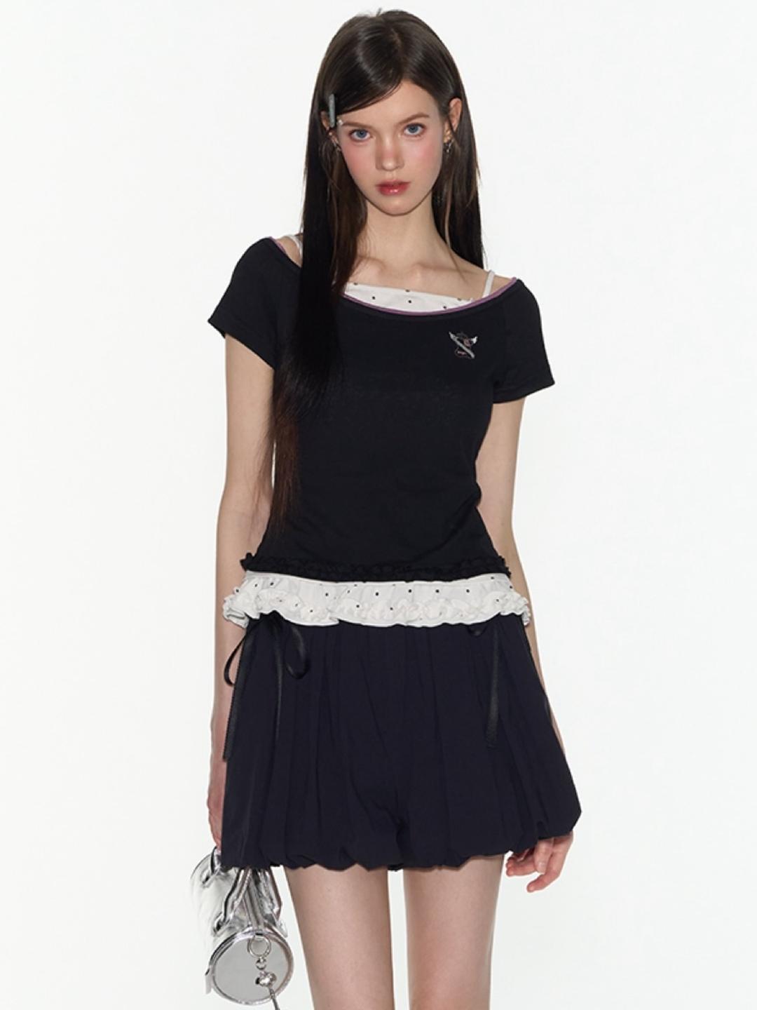 TAKEANAP Wide Round Neck Frill T-shirt (2color)