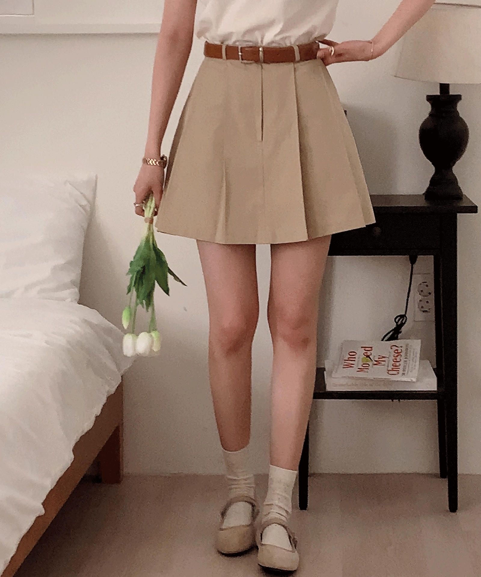 미우 하이웨스트 플리츠 주름 A라인 플레어 짧은 미니 스커트 치마 베이지 곤색 3col