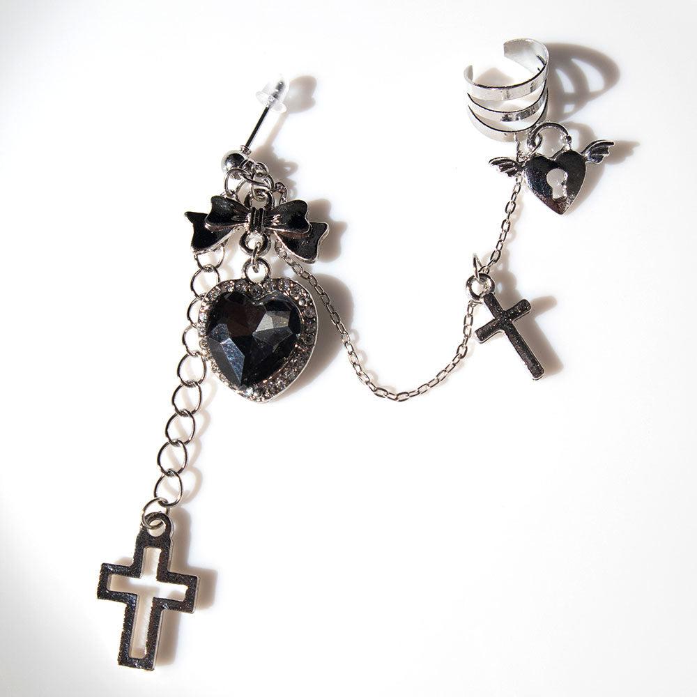 イヤーカフ付ハート十字架ピアス - ブラック / F