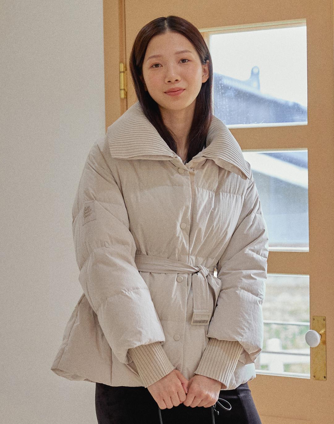 [SOF-WARM] 크림 니트포인트 허리벨트 여성 소프웜 구스 미드다운