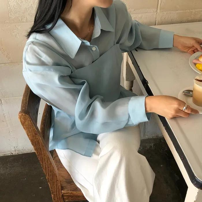 Silky bustier blouse set_Blue