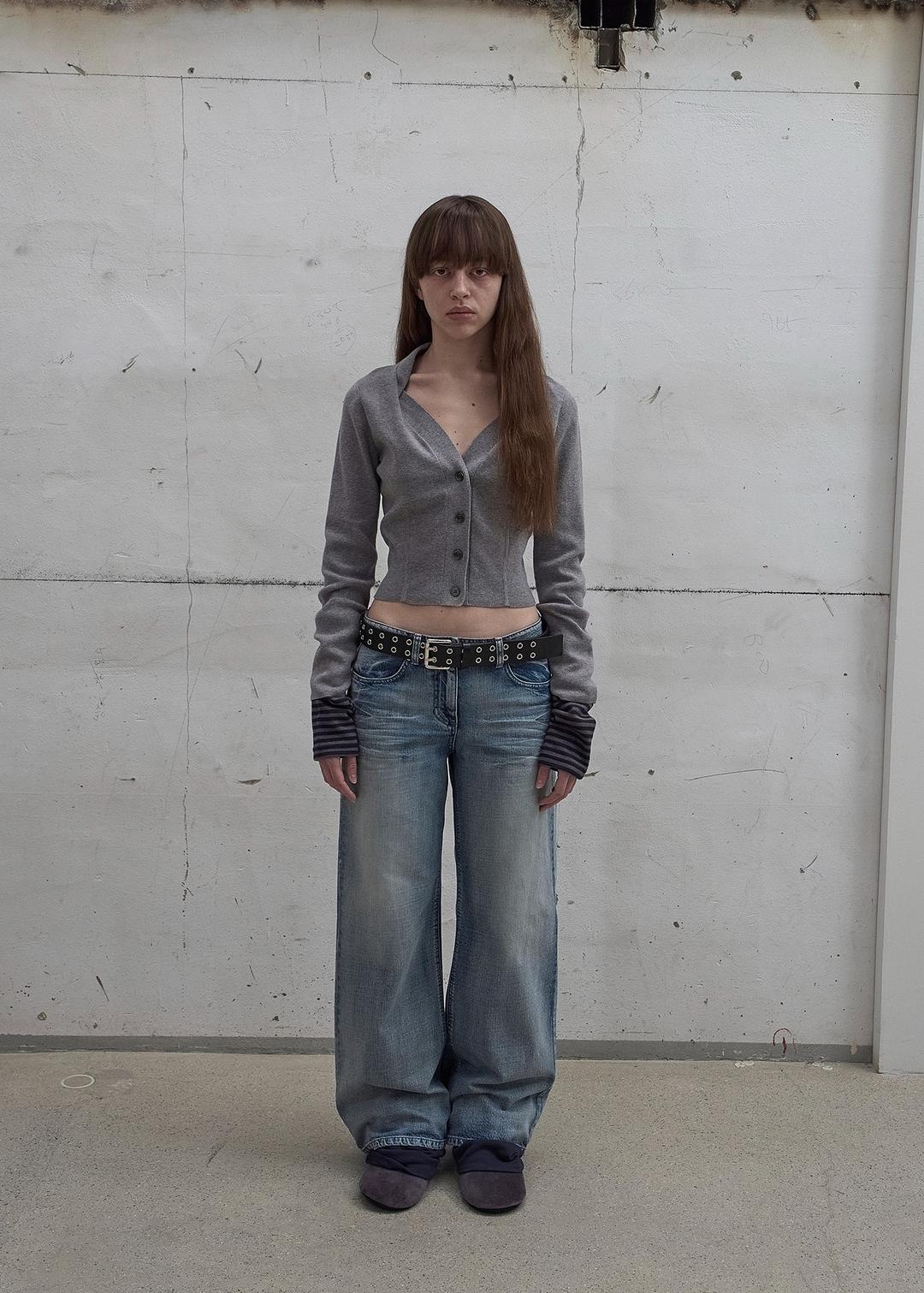 DRAPED NECK KNIT CARDIGAN (MELANGE GREY)