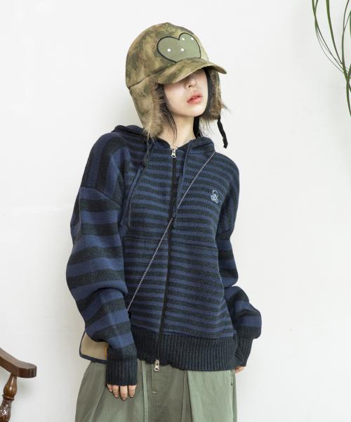 WXK008 언발란스 스트라이프 니트 후드 집업 (NAVY)