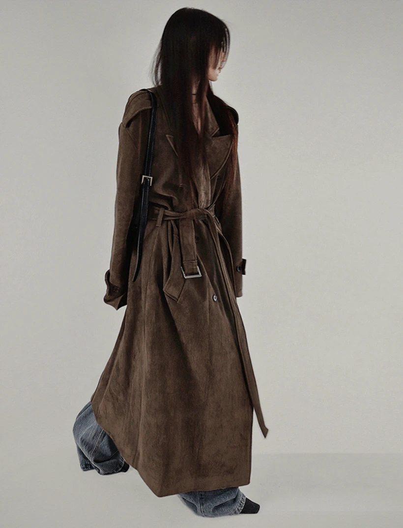 SUEDE DOUBLE TRENCH BELT LONG COAT 스웨이드 더블 트렌치 벨트 롱코트 (2COLORS)