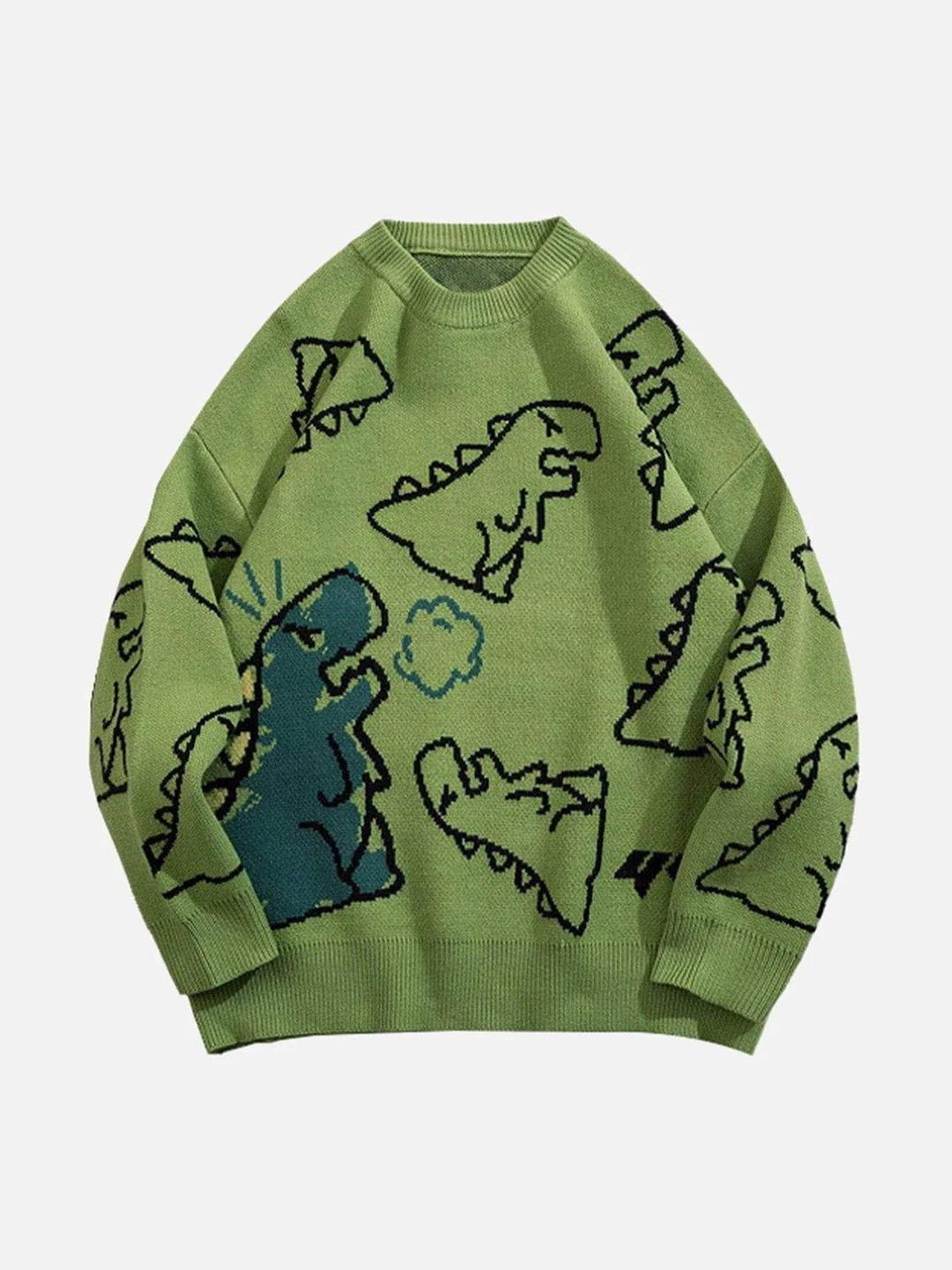 Aelfric Eden Dinosaur Cartoon Pattern Knit Sweater - green / XS