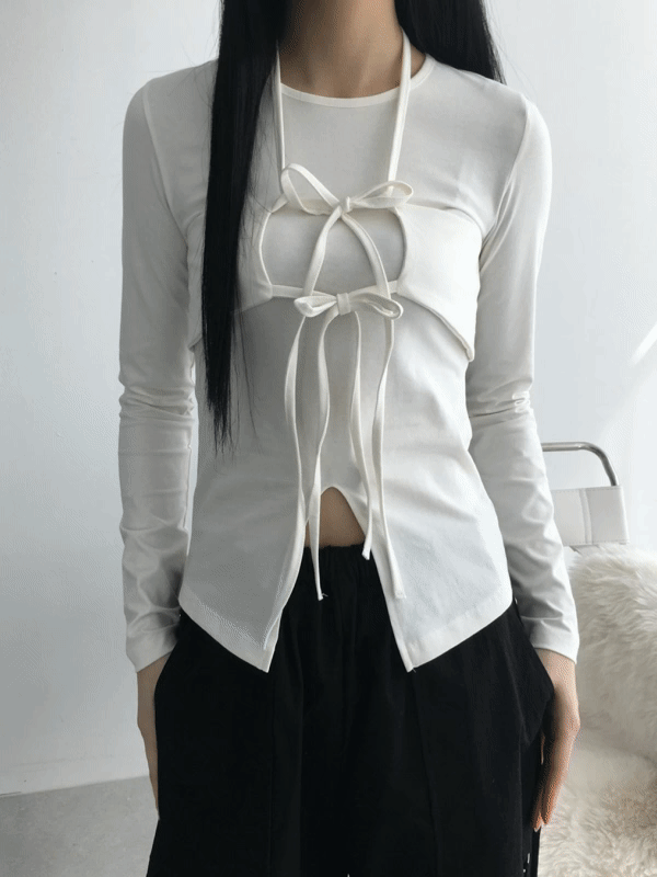 Halter neck ribbon T (Ivory, black)