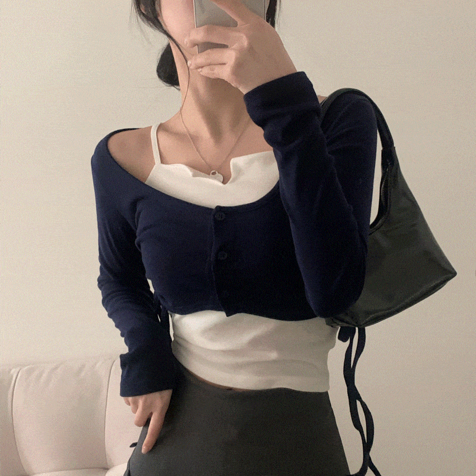 [세트/7컬러*.*] 쁘띠효과, 크롭 옆셔링 가디건+끈나시 셋업