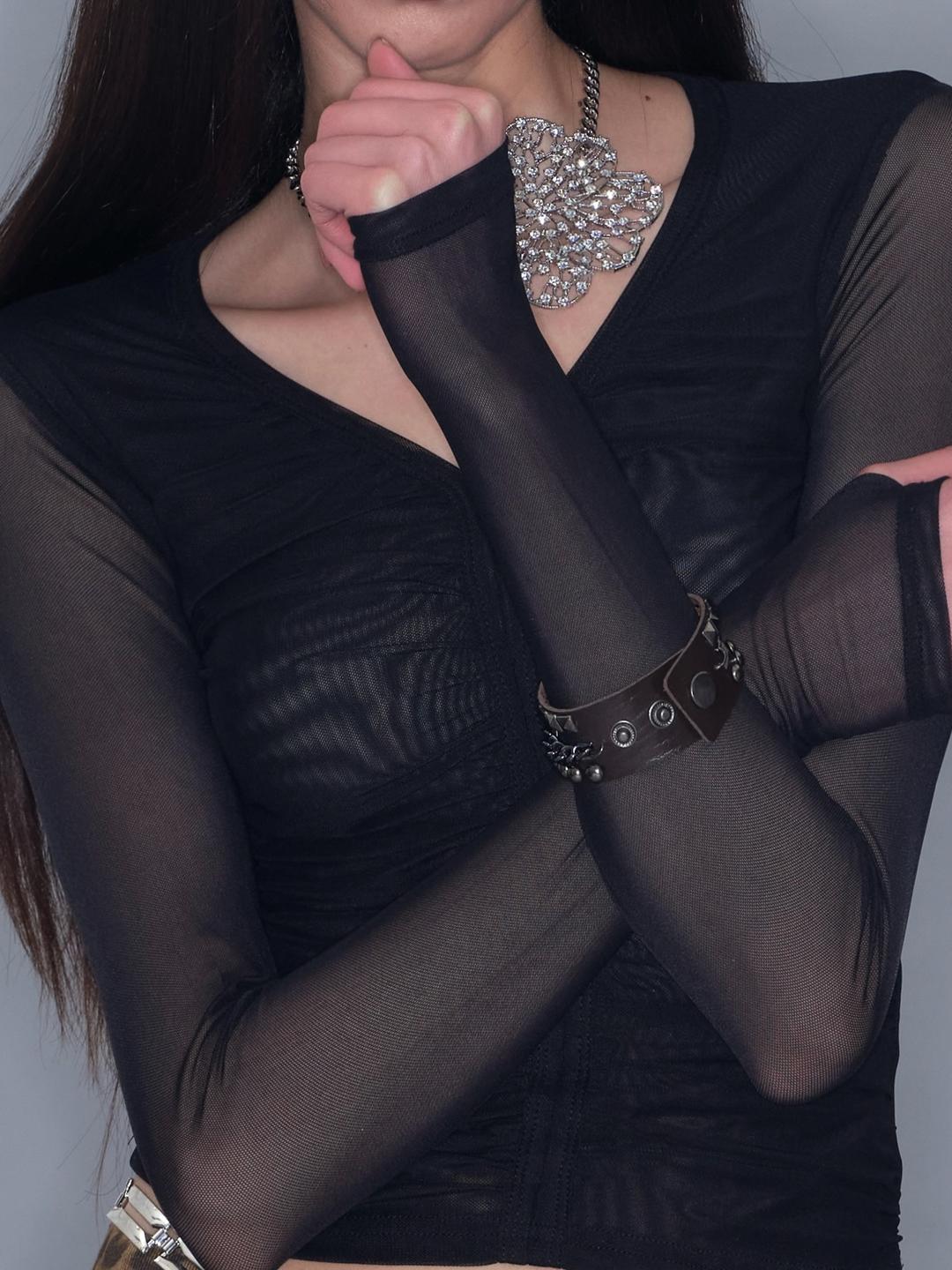 Sheer Ruched Mesh V-Neck Long-sleeve/ Black
