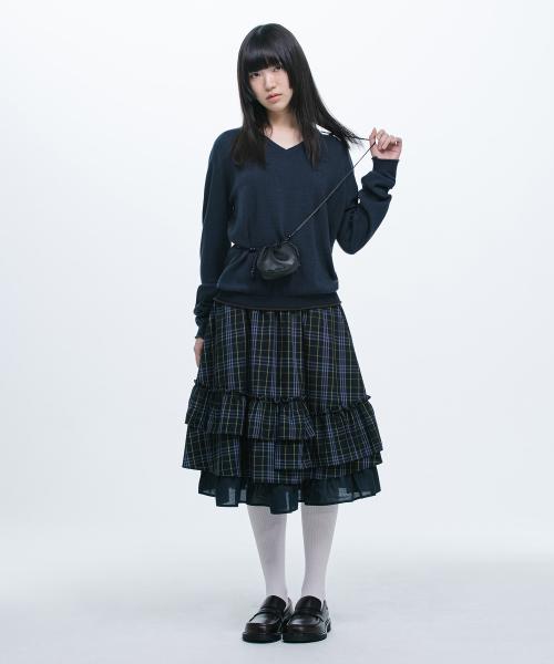 오헤시오(OHESHIO)  CHECK FRILL MIDI SKIRT, NAVY - 사이즈 & 후기 | 무신사