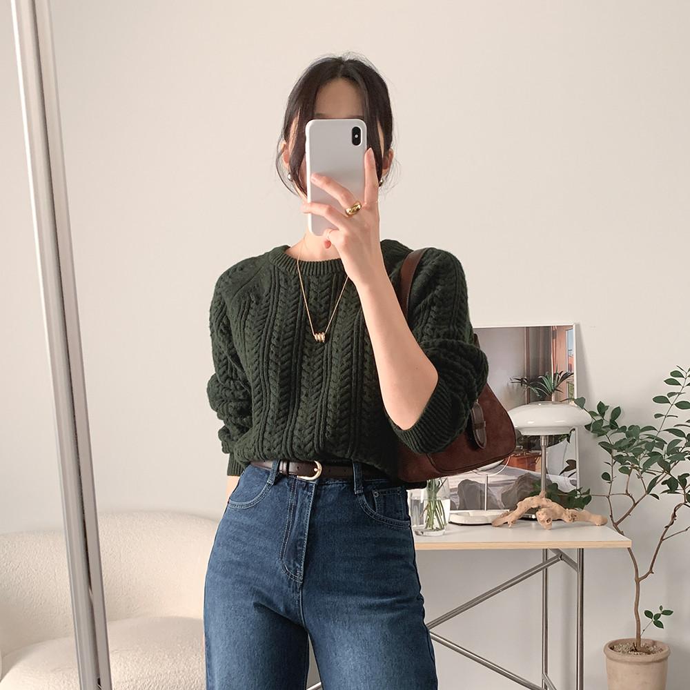 (자체제작) 앤드류 루즈핏 울 꽈배기 니트 (카키)