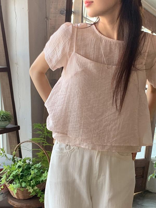 프렌치오브 [🤍레이어드SET]로브닝 여름 가을 오간자 레이어드 뷔스티에 반팔 블라우스(3color) 하객룩/격식룩/데이트룩/소개팅룩