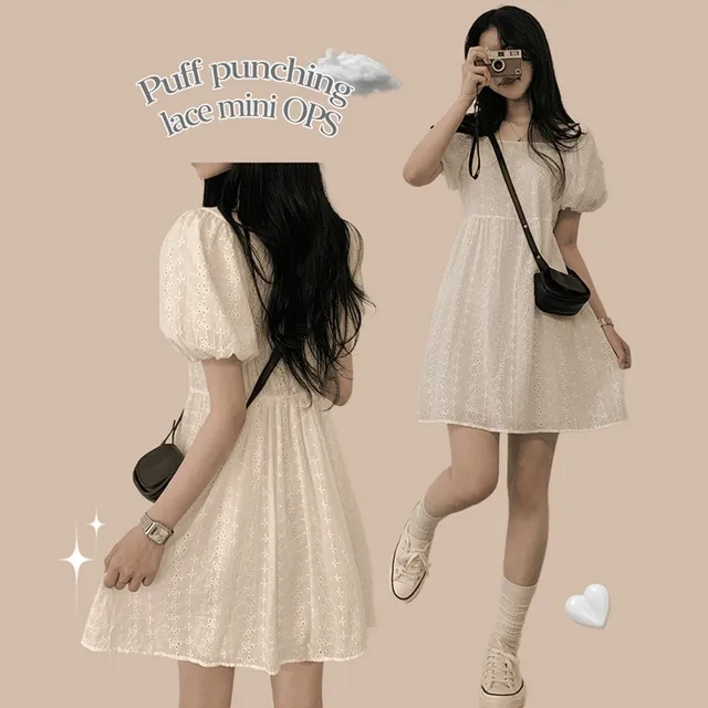 [러블리~편한착용감🩷] 퓨어 아일렛 레이스 펀칭 벌룬 퍼프소매 스퀘어넥 화이트 미니 반팔원피스 데이트룩 하객룩 바캉스 여름휴가룩 키작녀