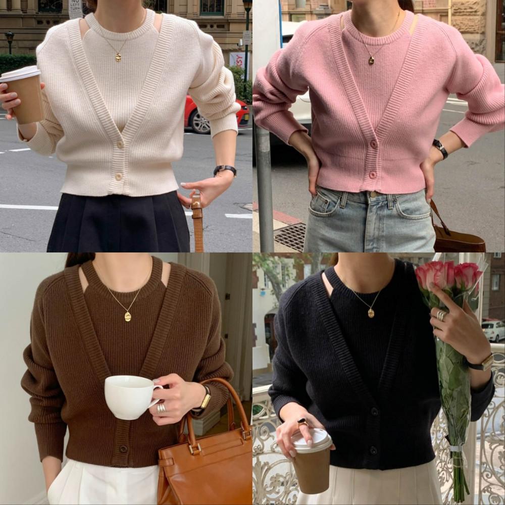 [블랙/브라운당일] signature 시그니처 레이 홀터 니트 세트 4color 오끄망