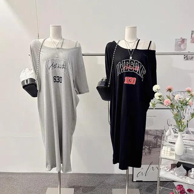 *당일발송* [페미닌!/바캉스룩!] 여름 어썸 레터링 나염 프린팅 배색 오버핏 루즈핏 라운드넥 오프숄더 스트랩 레이어드 이너 무지 반팔 롱 원피스 [3color]