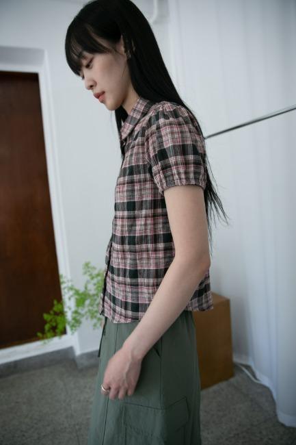 puff sleeve check blouse(2colors)