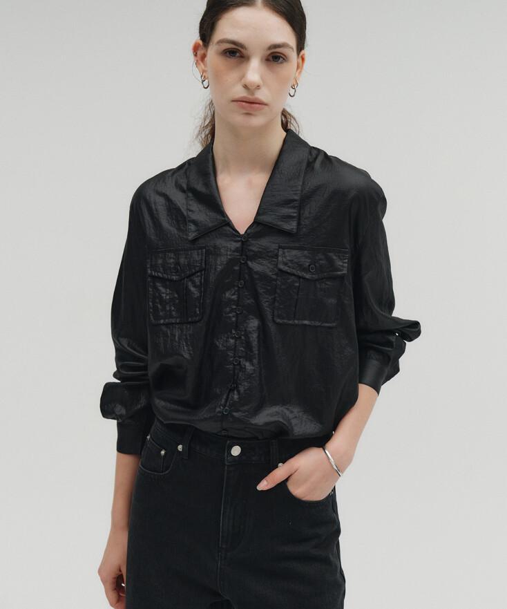 [5th REORDER] POCKET BUTTON GLOSSY SHIRTS [BLACK]