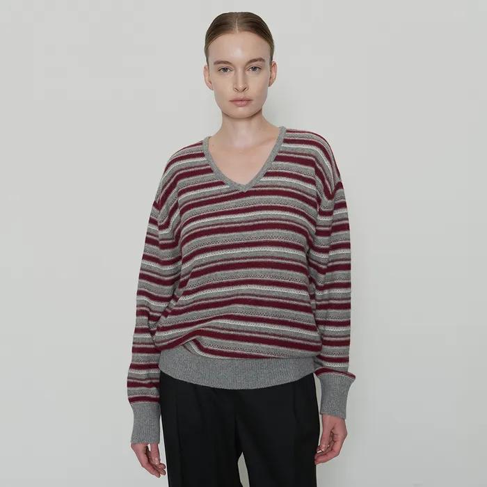Oscar Stripe V-Neck Knit - Wine