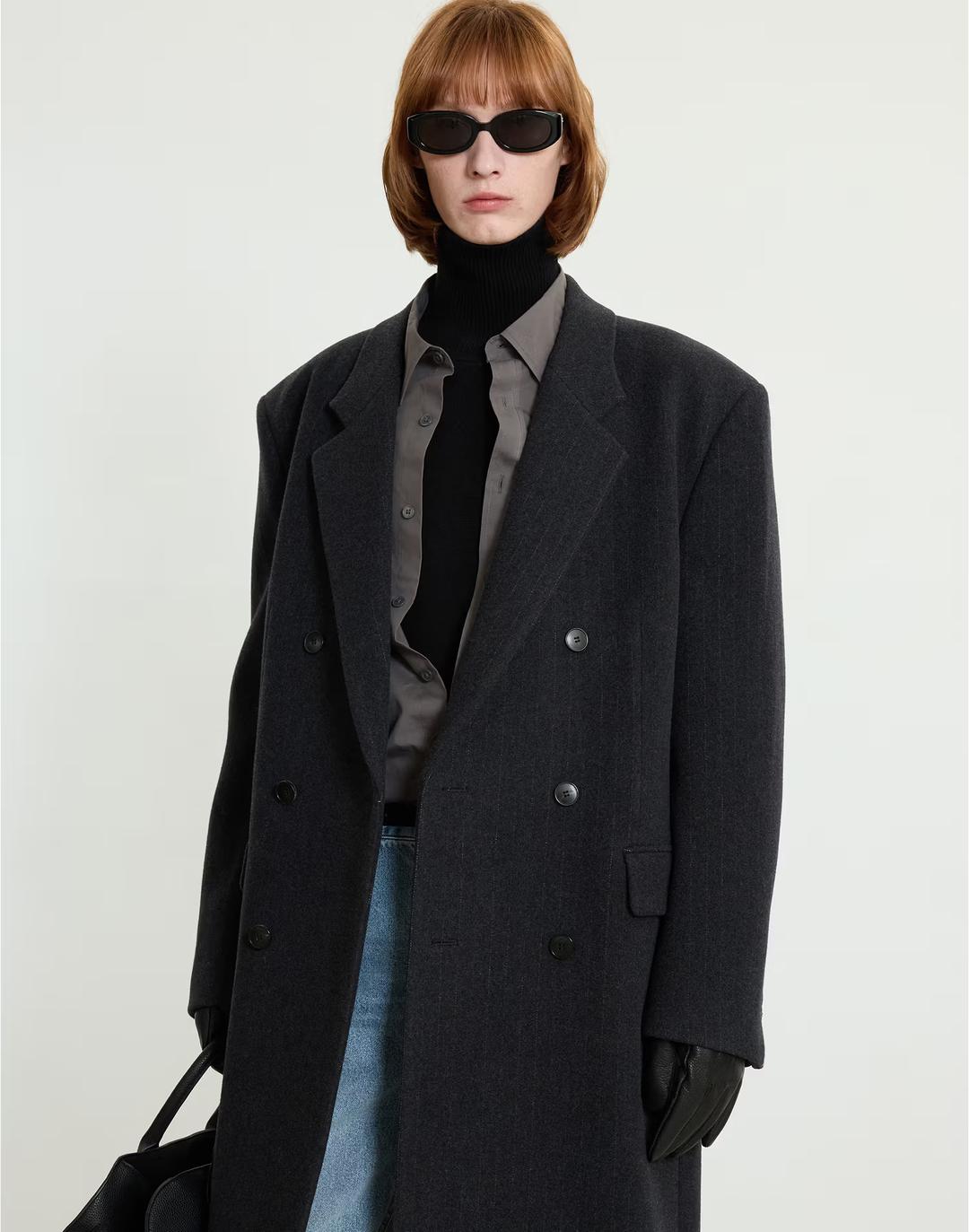 Pin-stripe Tailored Double-breasted Coat (Gray)