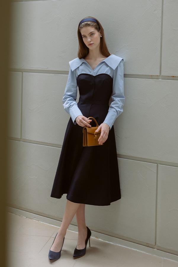 [시크릿 세일] BELINDA Shirt layered long-sleeve midi dress (Navy)