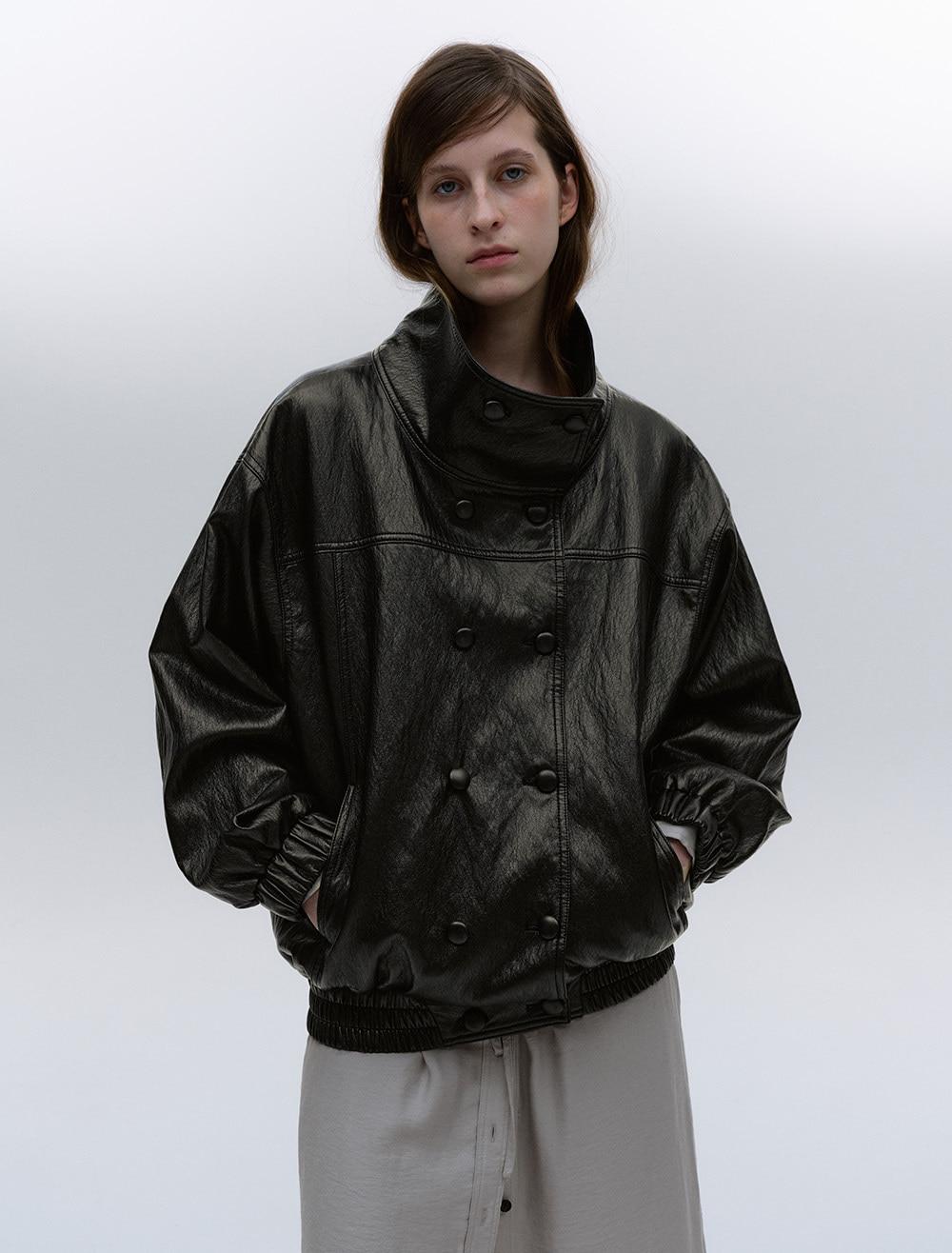 DOUBBLE BUTTON OVERSIZE LEATHER JUMPER [BROWN]