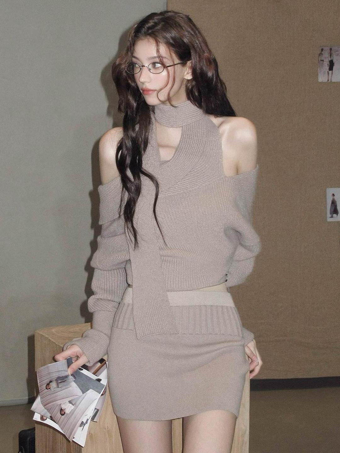 [BulletNini] Off-Shoulder Scarf Sweater & Skirt Set Up