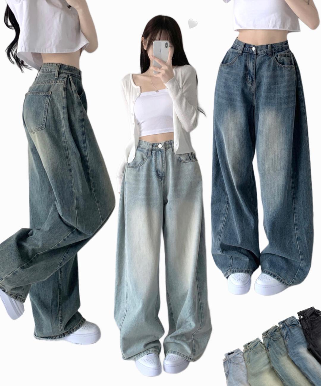 자스민벨 [핏보장🖤/숏&롱,XL~] 카시오 빈티지 워싱 사이드 핀턱 하이웨스트 롱 로우 와이드 데님 팬츠/바지/청바지/키작녀/키큰녀/빅사이즈/핀턱바지/옆핀턱청바지