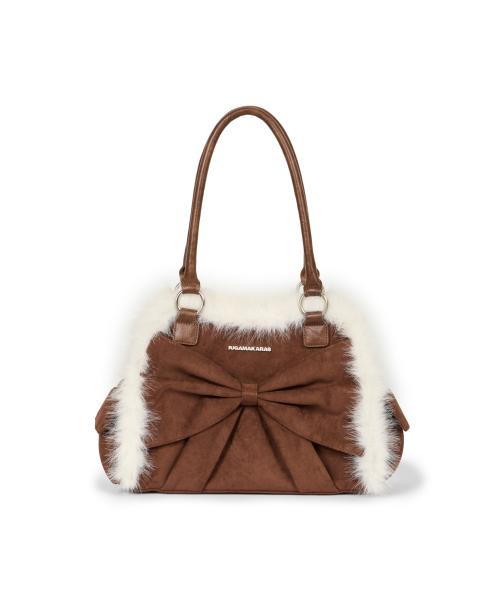 Ribbon Fur Suede Shoulder Bag (Brown)