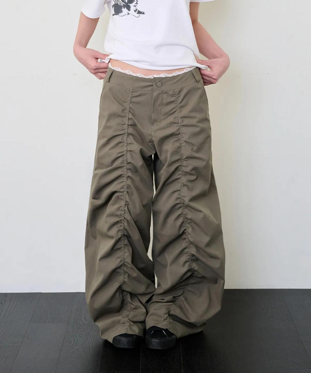 잇자바이브 LACE LAYERED WIDE PANTS (Khaki)