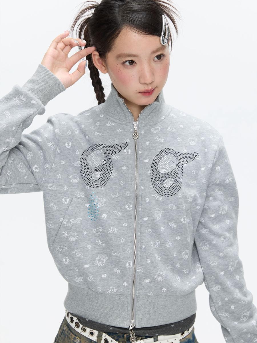 BETWEENAND Big Eyes Stamping Print Zip-Up Jacket