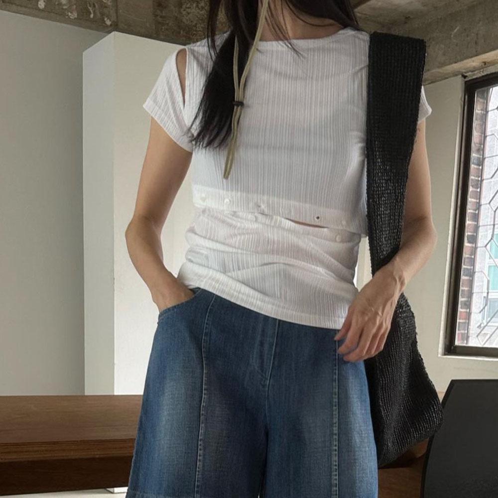 파인게이지 /(화이트SALE!!) 버튼 슬릿 반팔 티셔츠