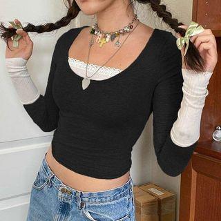 Long-Sleeve Mock Two Piece Lace Panel Crop Top