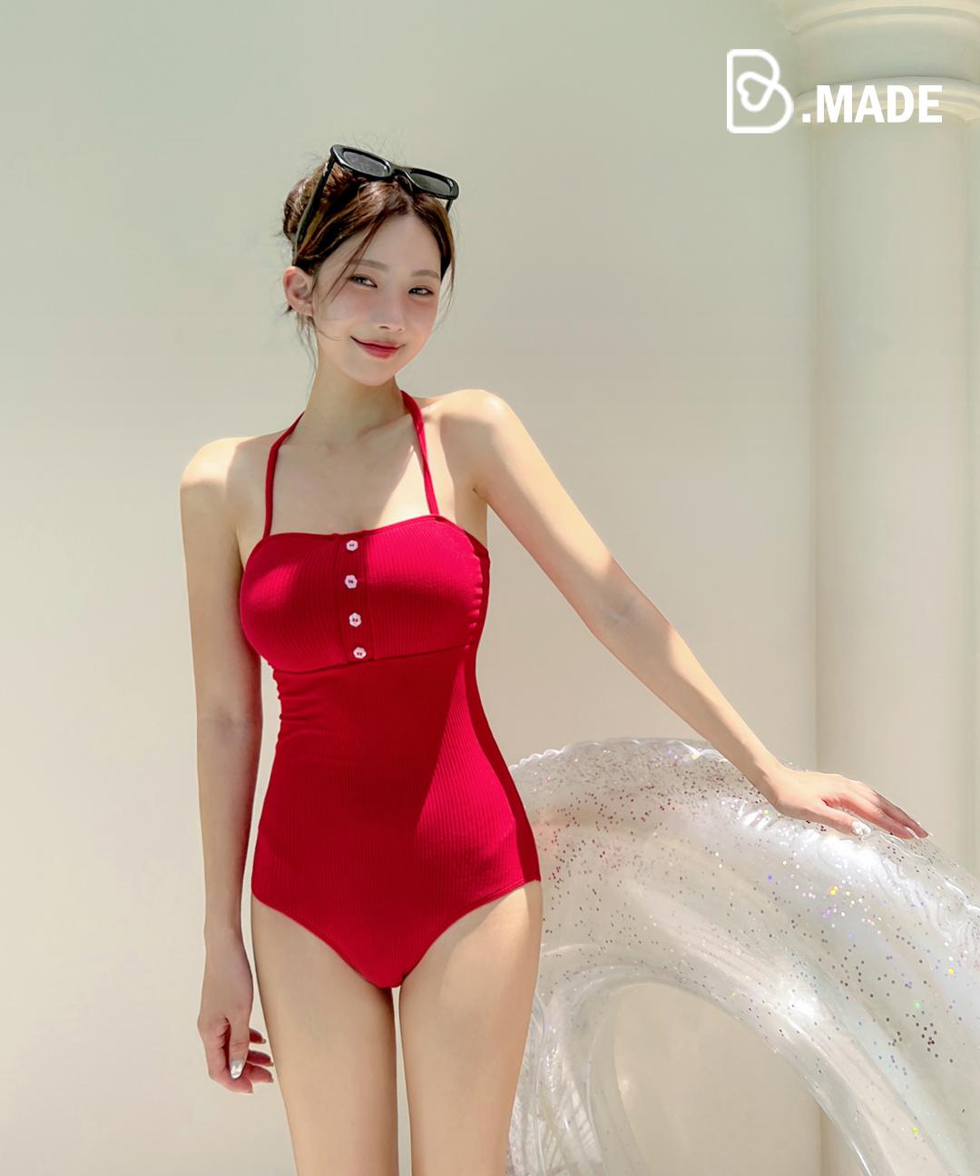 비키비키 [MADE/M,L] 로즈미 모노키니 레드 홀터넥 백리스 끈 수영복 체형커버수영복