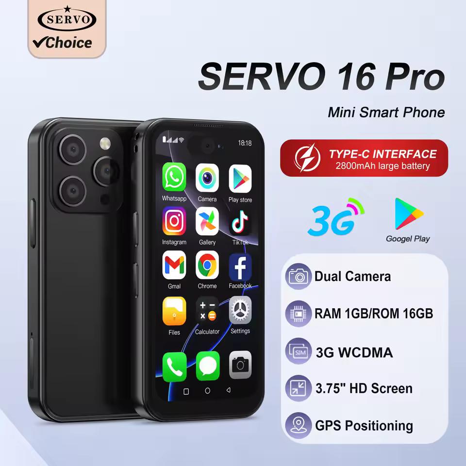 SERVO 16PRO 미니 스마트폰 3G WCDMA 듀얼 SIM 안드로이드 8.1 16GB ROM WiFi GPS Play Store 3.75"전체 화면 소형 포켓 스마트폰