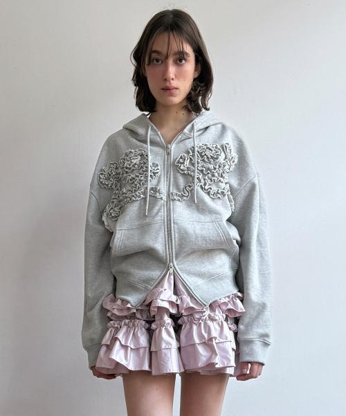 Rose Frill Oversized-Fit Hooded Zip-Up (Melange Grey)