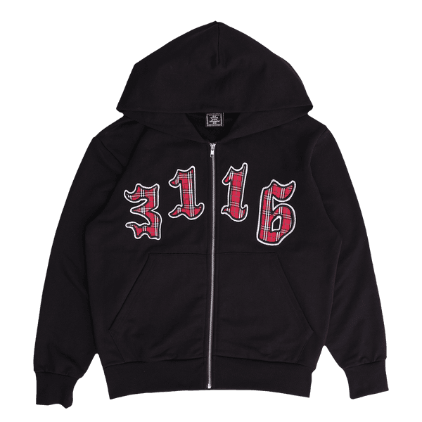 3116 applique zip up hoodie - black