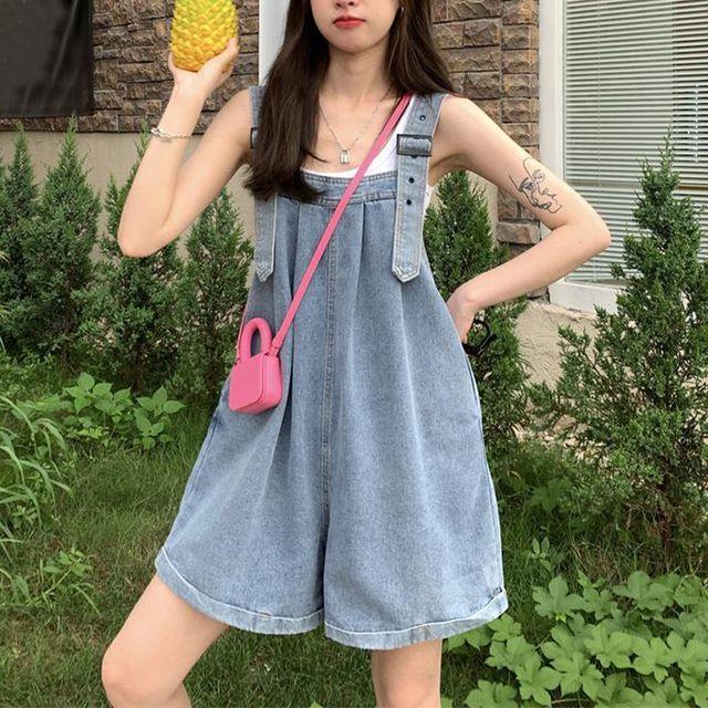 아방 청 점프수트 멜빵 반바지 세미 배기 롤업