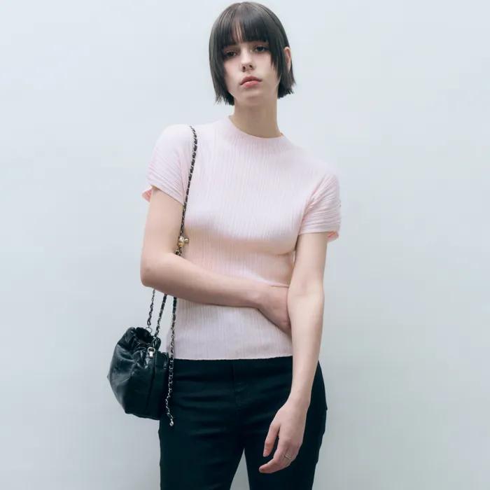 홀가먼트 하프넥 플리츠 니트 탑 베이비핑크 MDKT107BABYPINK