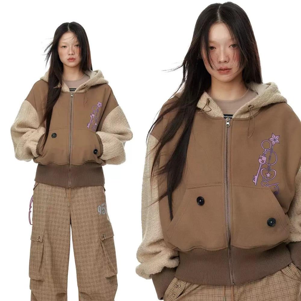 JIKOO 지쿠 브라운 더블지퍼 후드집업 뽀글이 오버핏 후드티