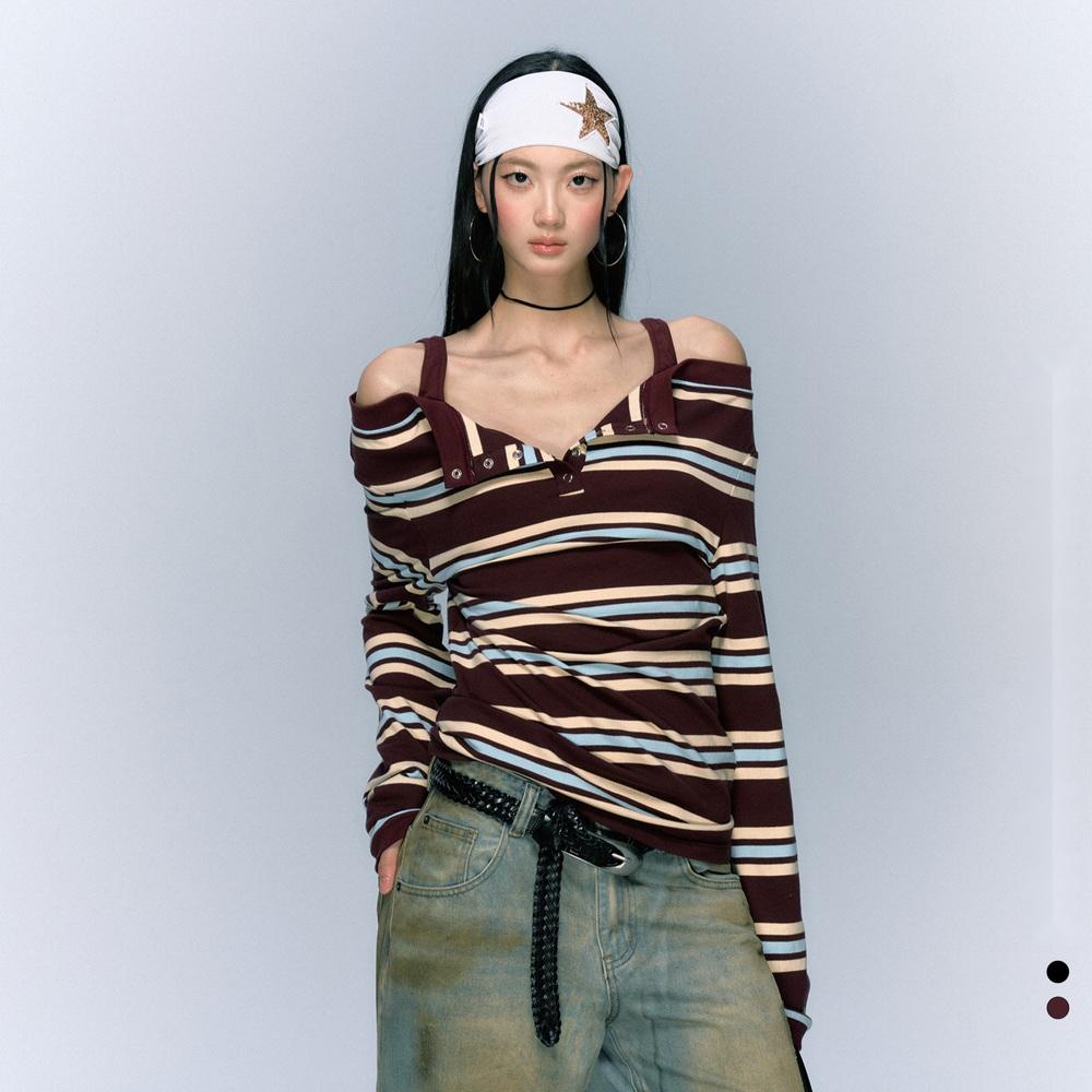 Curriges 오프숄더 긴팔 티셔츠 스트라이프 루즈핏 페이크 투피스 니트 탑
